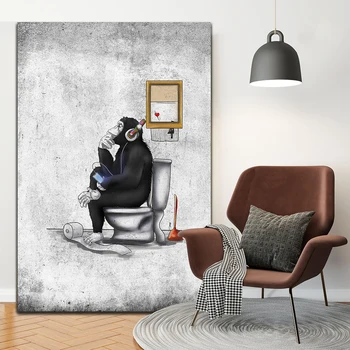 Amuzant Negru Alb Arta de Perete Panza Pictura DJ Gândire Maimuță În Scaunul de Toaletă Imprimare Poster Toaletă Bar Decorațiuni interioare Picturi