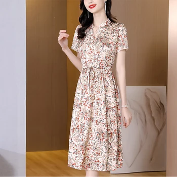 Vara Noi Florale Naturale Silk V-Neck Rochie Midi Femei Bodycon Eleganta Office Lady Dress 2022 Coreean Vintage, Casual, Rochie De Petrecere