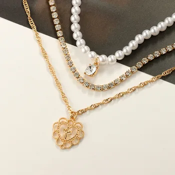 SALUT OMULE 3Pcs/Set Handmade Perle Ovale Placat cu Clavicula Lanț Pavé Inimă de Cristal Colier Pandantiv Cruce Femei de zi cu Zi Bijuterii