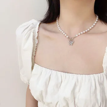 2020 Nou Elegant Floare Perla Cravată Coliere pentru Femei Fluture Pandantiv Colier Margele Colier cu Lanț Lung de Bijuterii Cadouri Partid
