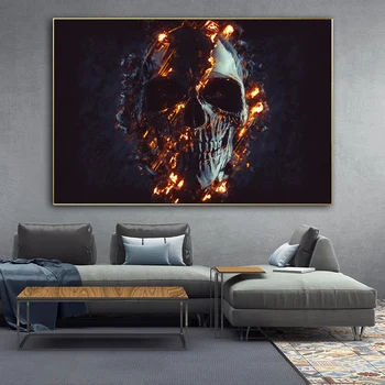 Întuneric Negru Craniu în Foc Abstract Panza Pictura Modernă Craniu Imagine Postere si Printuri de Arta de Perete Poza pentru Decorarea Camerei