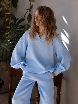 Hiloc V-Neck Bumbac, Pijamale Felinar Mâneci Pijamale Pentru Femei De Moda, Haine De Casă Vrac Pantaloni Largi Picior Seturi 2022 Acasă Costum