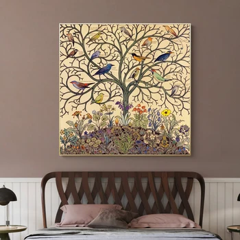 Vintage Pomul Vieții Floare Panza Pictura Colorate Florale și Păsări Poster Imprimare Imagini pentru Living Home Decor de Perete