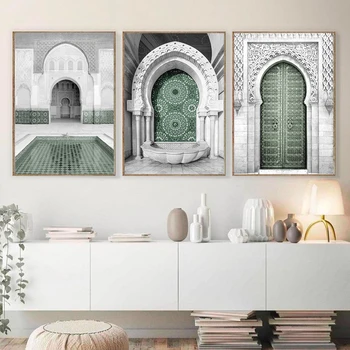 Moscheea Hassan II din Maroc Poster Islamic Ayatul Kursi Verde Panza Pictura de Perete de Arta de Imprimare Imagine Living Home Decor