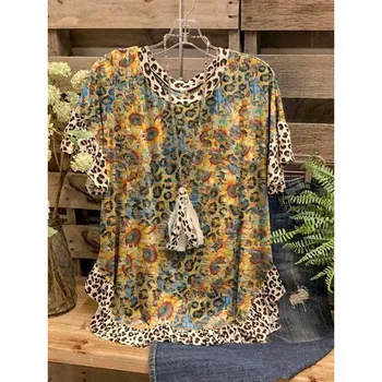 Femei Topuri 3D de Floarea-soarelui de Imprimare Leopard Imprimate T-Shirt Ciufulit O-Neck Mâneci Scurte Vrac Casual T-Shirt de Vară Streetwear