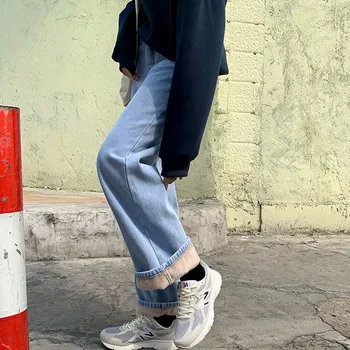 FINEWORDS de Iarnă Talie Mare Epocă Cașmir Albastru Blugi Femei Picior Blugi Largi coreean Streetwear Blugi Pantaloni