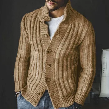Pulover tricotat Rever Maneca Lunga Pulover Nou Casual pentru Bărbați Single-Breasted Coat Deschide Culoare Solidă