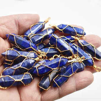 En-gros 20buc/lot piatra naturala lapis lazuli pilon forma punctul lucrate manual din sârmă de fier pandantive pentru a face bijuterii transport gratuit