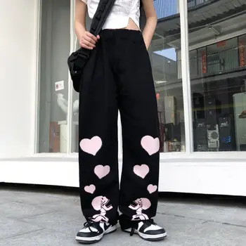 Pantaloni Casual Femei Iubesc Schelet Largi Picior de Înaltă Talie Pantaloni Drepte Japonez harajuku y2k pantalone streetwear femme joggeri