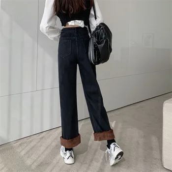 Blugi Pentru Femei De Iarnă Caldă Estetice De Înaltă Talie Pantaloni Simplu Streetwear Casual Trendy Harajuku Solid Libere Clasice Facultate Ins