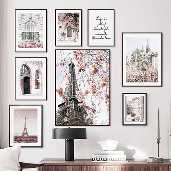Roz Arta De Perete Paris Turnul De Moda Postere De Arta De Imprimare Copac Cozi De Flori Panza Pictura De Epocă Arhitectura Cameră Decor Imagine