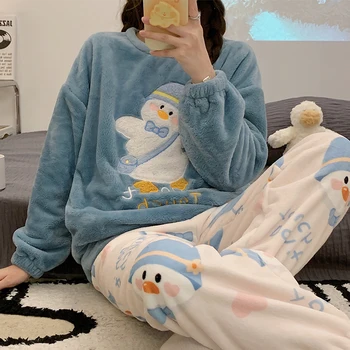 Toamna Iarna Flanel Cald Femei Pijama Set coreean cu maneca Lunga-Pantaloni Set de Două piese kawaii Moale de Acasă Purta Haine pentru Femei