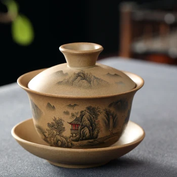 Mână-pictat Peisaj Gaiwan Rafinat Ceramica Castron de Ceai cu Farfurie Capacul Kit Master Ceai Strachină Teaware Drinkware 150ml
