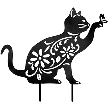 Metal Pisica Silueta Miza Negru Gol Cat Semn Miza Exterioara rezistenta la Intemperii Pisica Animal Statuie de Grădină Decorativ Miza pentru