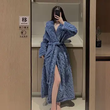 Flanel Kimono-Halat De Baie Halat De Cald Iarna Pijamale Femei V-Neck Cămașă De Noapte De Sex Feminin Acasă Halat Casual Pijamale Body
