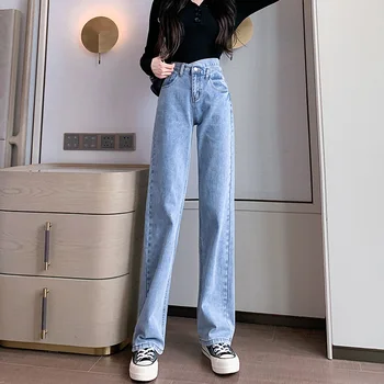 Înaltă Waisted Design Blue Jeans pentru Femei coreene Tendințe de Moda Haine Adolescente Picior Drept Pantaloni din Denim Casual Streetwear