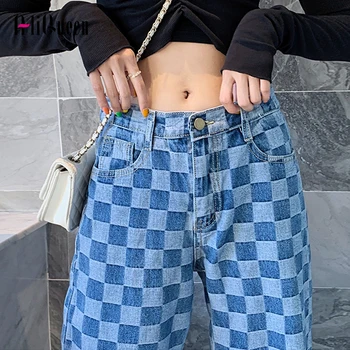 Primavara-Vara Moda tablă de șah Lung Liber Largi Picior Pantaloni din Denim Femei Broderie Pantaloni Streetwear Punk Blugi Pantaloni Mop