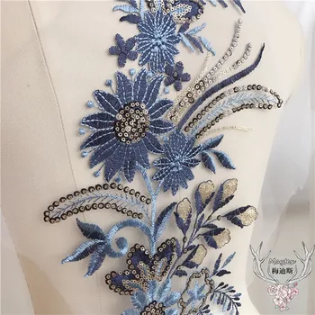 1 buc Albastru Paiete Frunze de Flori de Cusut pe Aplicatii în Patch-uri Pentru Rochie de Mireasa Decor Dantela Patch-uri 19X42cm