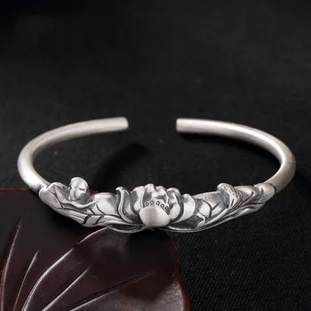 Real Pur 999 Argint Lotus Brățări de Flori Manșetă Bratari pentru Femei Bijuterii Reglabil Brățară de Argint Sterling
