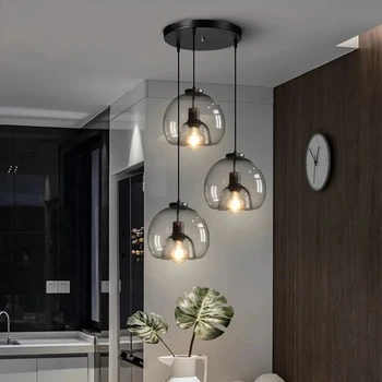 Nordic Candelabru LED E27 Negru Pandantiv Lampă Pentru Camera de zi, Sufragerie, Bucătărie, Dormitor Modern, Gri Plafon de Sticlă Perdeaua de Lumină