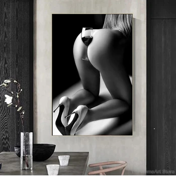 O Femeie Sexy, cu paharul de vin Canvas Tablou Modern Alb-Negru Nud Postere si Printuri de Arta de Perete Imagini Pentru Decor Dormitor