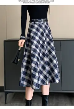 2022 toamna noua Femei de Talie Mare Japonez Harajuku Toamna Fusta Midi doamna O-linie Carouri lână Cald Fusta Flare Gros Fuste Lungi