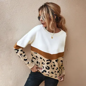 2022 Nou Toamna Iarna Femei Pulover Moda Leopard Mozaic Pulover Tricotate Femei O-gat Maneci Jumper Pulover Femme Topuri