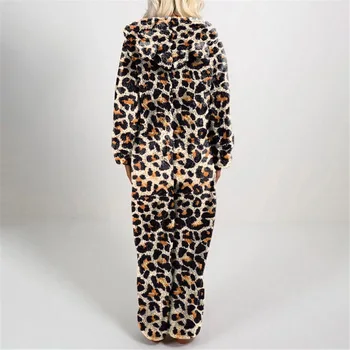 Nibesser Femei Pluș Romper Toamna Iarna Pijamale Flanel Maneci Lungi Salopeta Cu Fermoar Camuflaj Leopard Cald Cu Gluga Sleepwear