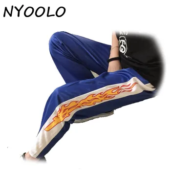 NYOOLO Coreea de design vânzare fierbinte noutate flacără de Imprimare Harajuku liber casual pantaloni Drepte femei și bărbați elastic talie pantaloni hip hop