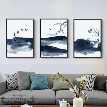 Stil chinezesc Albastru Cerneală Peisaj Tablouri Canvas Păsări care Zboară Ramură Postere si Printuri de Arta de Perete Imagini pentru Living Decorul Camerei