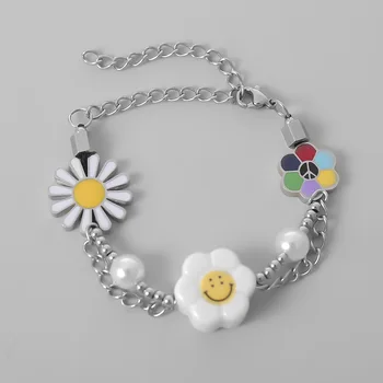 Zâmbet fericit fata de floarea daisy colier de perle pentru barbati femei din oțel inoxidabil stil coreean y2k bijuterii rece egirl eboy