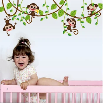 Drăguț Maimuțe Mini Autocolante de Perete Pentru Camera Copii Art Decalcomanii de Vinil 3D Animale Plante Tapet Autocolant Dormitor, Pepinieră Decor Acasă
