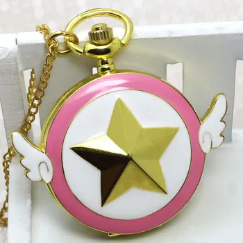 Ceas de buzunar Set Pandantiv Doamnelor Anime Drăguț Cheie Inel cu Aripi de Cuarț Ceasuri de Aur din Aliaj Colier Cadou Set pentru Femei