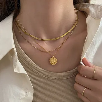 Boho Vintage Placat Cu Aur Plat Șarpe Lanț Pliat Monedă Pandantiv Colier Pentru Femei De Moda Pe Mai Multe Niveluri Cravată Lanț De Bijuterii Cadou