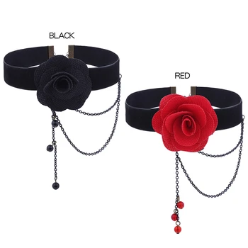 Trandafir roșu Negru Colier Moda Lanț Floare Decor Cravată Colier Gotic Cravată pentru Femei Halloween Club de noapte Accesorii de Petrecere