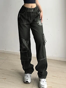 HEYounGIRL Strada Stil Vintage Vrac Cargo Blugi Talie Inalta Harajuku Denim Pantaloni Retro Grafic de Imprimare de Moda Pantaloni Largi 90