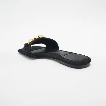 2022 TRAF Negru Flats Sandale cu Lanț Femei Elegante Tweed Papuci de Moda deget de la picior Pătrat Plat pantofi Femei Casual Toamna Apartamente
