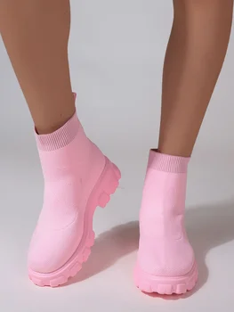 Femei Brand Glezna Cizme Ușoare Pantofi Casual pentru Femei Pană de Moda Șosete Cizme de Tricotat de Iarna Tub Mediu Platforma de Boot