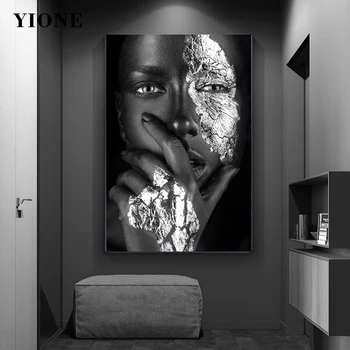 Femeie neagra cu Folie de Argint Panza Poster de Artă Modernă Femeile Africane Tablouri pentru Living, Dormitor de Decorare Perete Imagini de Imprimare