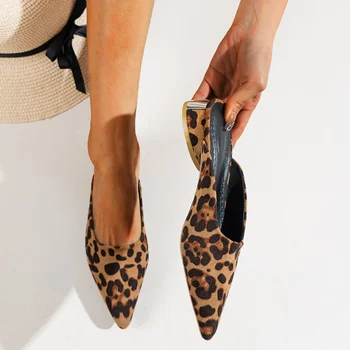 Femeii a Subliniat Toe Plat, Papuci de casă 2022 Noua Moda Leopard Print pentru Femei Pantofi Toc Pătrat Catâri Roman în aer liber în Stil Mocasini
