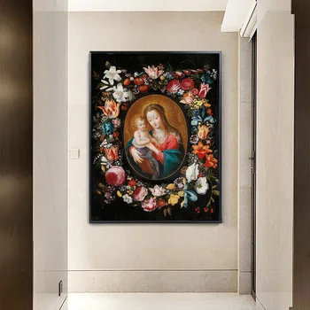 Celebra Pictură în Ulei Madonna Și Copilului, Înconjurată de O Ghirlandă cu flori Panza de Imprimare Poster de Arta de Perete pentru Camera de zi Decor Acasă