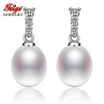 Design clasic Argint 925 cu Zircon Alb Elipsă Perle de apă Dulce Cercei Stud pentru Femei Bijuterii Perla Cadouri FEIGE