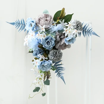 Casă De Nunta Decor Albastru, Serie De Flori Minge De Simulare De Flori Rând Acasă Decor Perdea De Flori De Nunta Semn În Drum