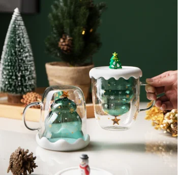 300ML Dublu de Sticlă rezistentă la căldură Pom de Crăciun Cupa Creative Transparent Cana Fulgi de Zăpadă Pahar de Cafea Cani Cadouri de Craciun