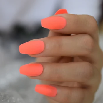Neon Orange Apăsați Pe Unghii Balerina Mat Faux Ongles Culoare Solidă Mediu Manicutre Arta Sfaturi cu Adeziv File