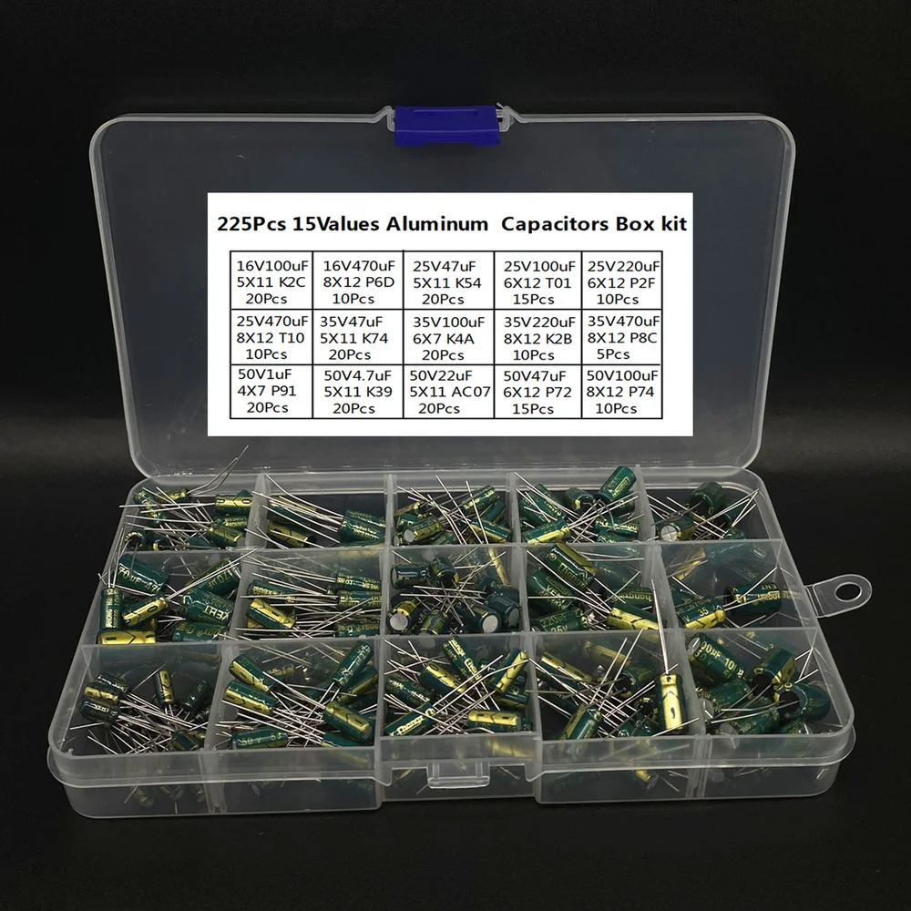 225Pcs/Cutie Condensator Kit de Aluminiu Condensatori Electrolitici Set 15Values 16V-50V 1uF-470uF Asortate Kit de Stocare Low ESR